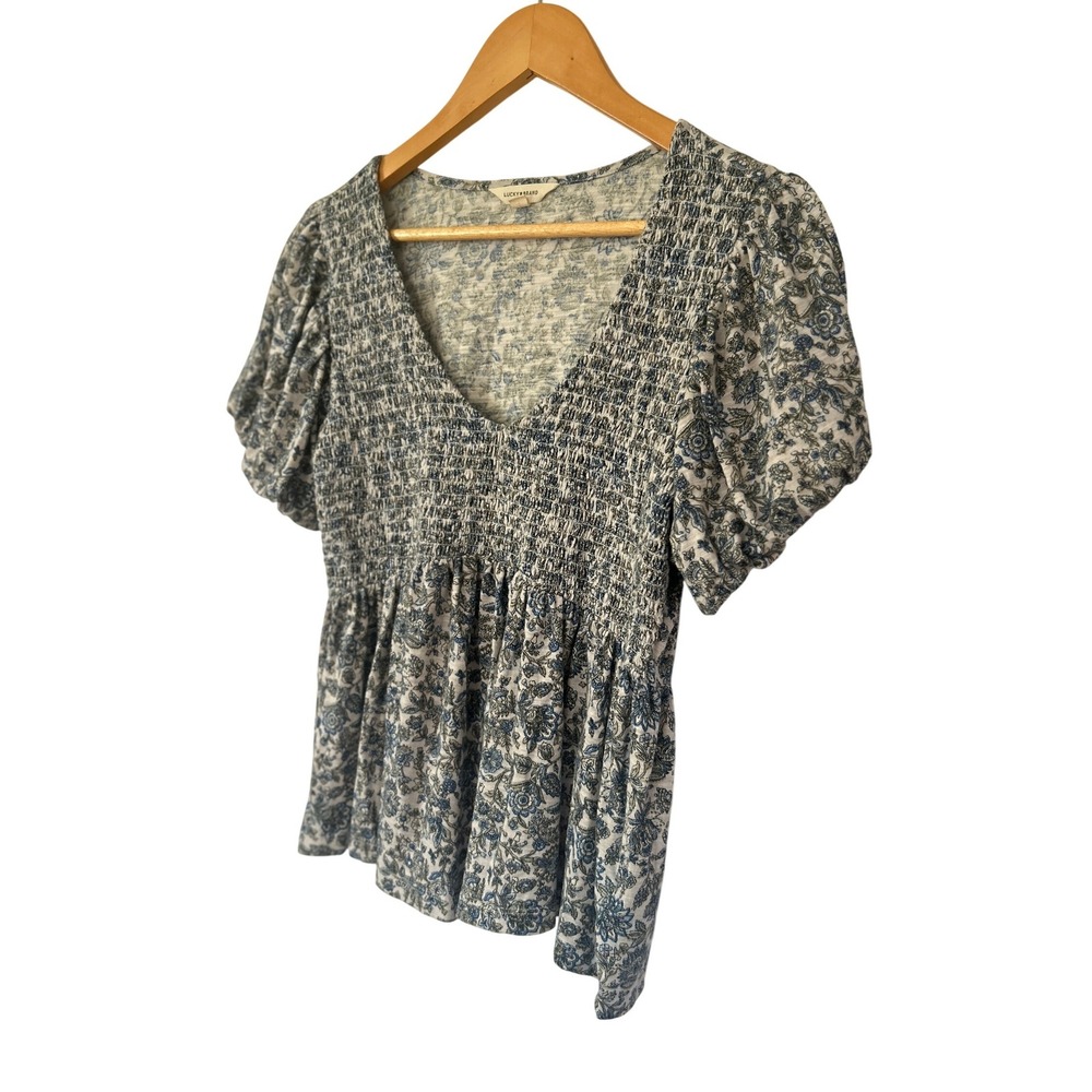 Lucky Brand Blue Floral Smocked Peplum Blouse M Cotton Modal Linen 2025 Cottage - Picture 9 of 13